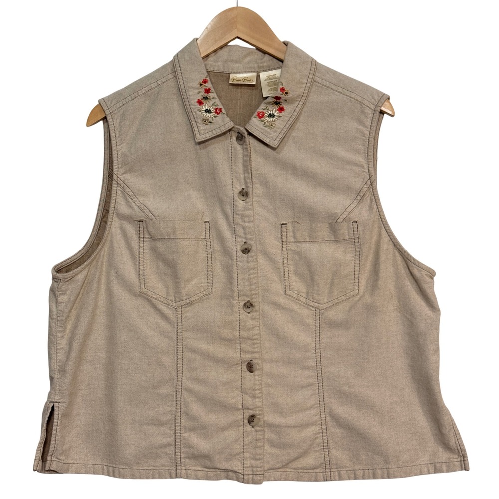 Bobbie Brooks Woman Oatmeal Cotton Floral Embroidered Denim Vest 20W